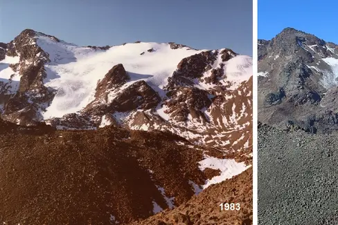 Un esempio lampante del graduale ritiro dei ghiacciai in questo significativo fotogramma che ritrae il ghiacciaio di Fontana Bianca, in Val d'Ultimo. L'oggetto montuoso più studiato in Alto Adige mostra cambiamenti molto rilevanti in pochi anni, attraverso il confronto con le immagini risalenti agli anni 1983, 2020 e 2024. (USP/Ufficio provinciale Idrologia e dighe dell'Agenzia per la Protezione civile)