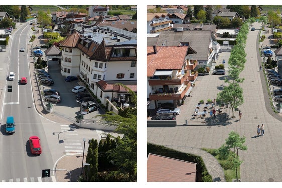 Weniger Verkehr und mehr Lebensqualität soll eine Umfahrung für den Ortskern von Rabland bringen. Bild 1 zeigt die aktuelle Situation. Bild 2 zeigt die Situation nach dem Bau der Umfahrung. (Rendering: Orbit Studio)