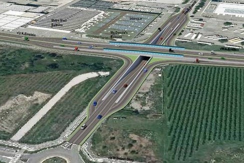 Der geplante, neue Kreuzungspunkt der Einstein-Straße mit der Buozzi-Straße von Süden gesehen (Rendering: Landesabteilung Tiefbau)