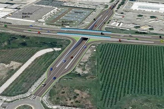 Il rendering dello svincolo “Buozzi”, visto da Sud (Rendering: Ripartizione infrastrutture)