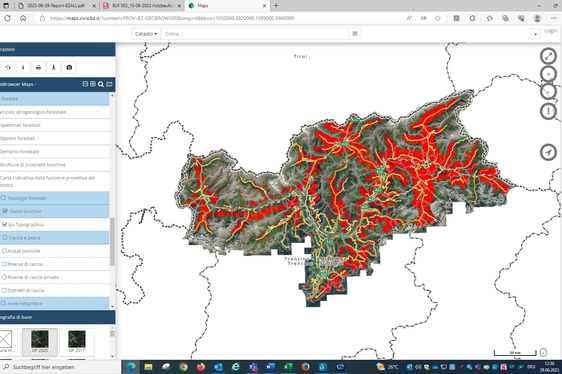 Die aktualisierte Borkenkäfer-Befallsituation einschließlich der Käfernester aus 2021 und 2022 ist im Geobrowser unter Maps (civis.bz.it) einsehbar. (Foto: LPA)
