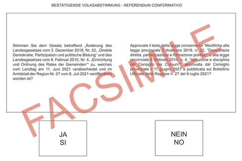Facsimile della scheda referendaria (Fonte: Consiglio provinciale)
