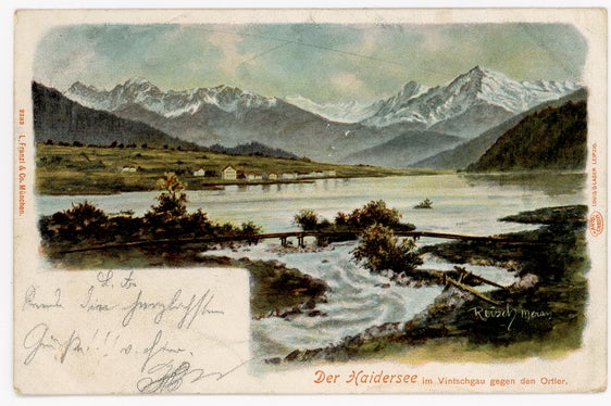 Lorenz Fränzl hat viele typische Südtiroler Landschaften festgehalten – im Bild der Haidersee (Fränzl, Lorenz, Glaser, Louis & Reisch, Franz August Carl Maria: Der Haidersee im Vinschgau gegen den Ortler. 1902. Inv.Nr. 4070901, Touriseum – Landesmuseum für Tourismus/Schloss Trauttmansdorff)