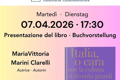 Il libro “Italia, o cara. Con la cultura si diventa grandi” è stato scritto da Maria Vittoria Marini Clarelli, tra le più autorevoli storiche dell’arte italiana contemporanea ed ex sovrintendente capitolina ai Beni culturali di Roma. Verrà presentato al Trevilab martedì 7 aprile alle ore 17.30. (Locandina: Biblioteca Claudia Augusta)