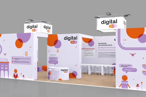 Eine weitere Ansicht des Messestands in Violett und Orange, den neuen Farben von Digital now. (Quelle: Abteilung Informatik)