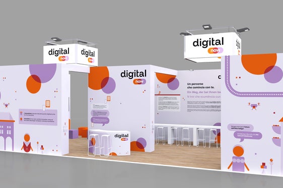 Eine weitere Ansicht des Messestands in Violett und Orange, den neuen Farben von Digital now. (Quelle: Abteilung Informatik)