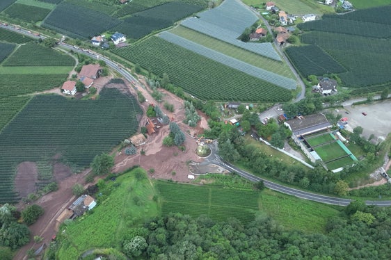 Rund 25.000 Kubikmeter Material gingen am 28. Juni gegen 17 Uhr mit dem Weißplatterbach nieder und vermurten Häuser in der Katzensteinstraße und am Naifdammweg in Meran. (Foto: LPA/Berufsfeuerwehr Bozen)