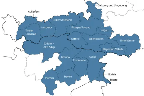 Neben Südtirol sind die österreichischen Länder Kärnten, Salzburg und Tirol sowie die Region Friaul-Julisch Venetien und die Provinzen Belluno, Treviso und Vicenza der Region Venetien am Interreg-Programm beteiligt.