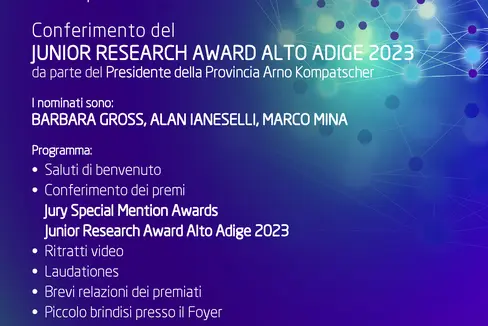 La locandina della cerimonia di premiazione in programma lunedì 18 dicembre al NOI Techpark di Bolzano Sud. (Foto: Ufficio Ricerca scientifica)