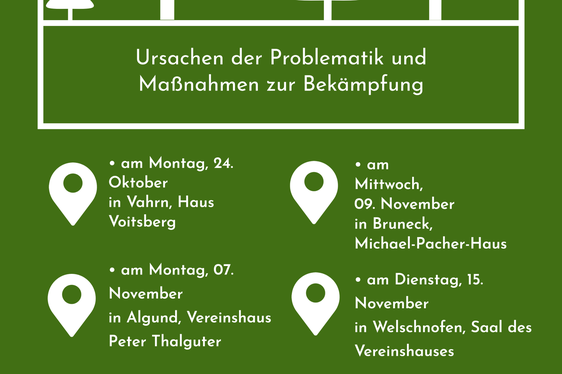 Über die Ursachen des Borkenkäferbefalls und die Bekämpfungsmaßnahmen informieren Land- und Forstwirtschaftslandesrat Arnold Schuler und der Direktor der Abteilung Forstwirtschaft, Günther Unterthiner, an vier Abenden in Vahrn, Algund, Bruneck und Welschnofen.
