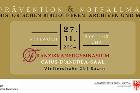 Die Landesbibliothek Teßmann mit der Servicestelle Betreuung Historischer Bibliotheken und das Landesarchiv laden zu einer halbtägigen Informationsveranstaltung zum Thema Schadensprävention & Notfallmanagement in historischen Bibliotheken, Archiven und Museen