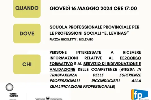 Giovedì (16 maggio) si terrà alla Scuola provinciale per le professioni sociali “Lévinas” di Bolzano un incontro informativo sul percorso di youth worker (Foto: ASP/Direzione provinciale formazione professionale)