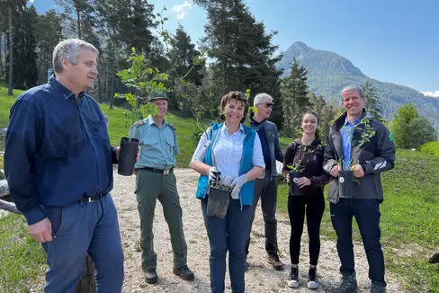 Da sinistra: Othmar Stampfer, sindaco di Fiè, Helmuth Rier, rappresentante della Stazione forestale di Castelrotto, l'assessora provinciale Maria Hochgruber Kuenzer, Enrico Brutti, Ufficio Natura, Jasmine Milani, Ufficio Natura e Leo Hilpold, direttore dell'Ufficio Natura (Foto: ASP/Marcella Morandini)