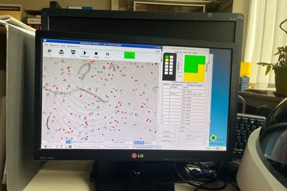 Analisi tramite microscopio ottico di un dosimetro che ha analizzato un locale a bassa concentrazione di radon. (Foto: USP/Laboratorio Analisi aria e radioprotezione)