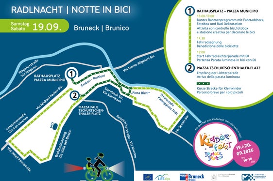Ogni anno la Notte in bici fa tappa in una diversa città dell’Alto Adige, coinvolgendo persone di tutte le età. Quest’anno, a Brunico, al centro dell’iniziativa c’è la bicicletta come mezzo di trasporto semplice e pratico per gli spostamenti quotidiani, adatto a grandi e piccoli. (Locandina: USP/STA)