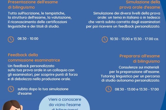 In occasione della Giornata del bilinguismo, mercoledì 18 ottobre, il Servizio esami di bi- e trilinguismo, offre in via Alto Adige 50 a Bolzano una serie di proposte formative e informative gratuite dalle ore 8.30 alle 17.00 (Foto: ASP/Servizio esami di bi- e trilinguismo)