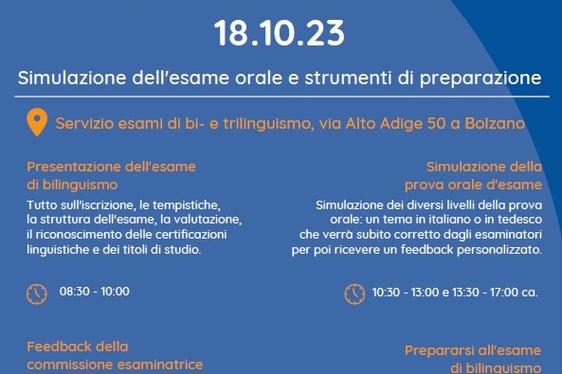 In occasione della Giornata del bilinguismo, mercoledì 18 ottobre, il Servizio esami di bi- e trilinguismo, offre in via Alto Adige 50 a Bolzano una serie di proposte formative e informative gratuite dalle ore 8.30 alle 17.00 (Foto: ASP/Servizio esami di bi- e trilinguismo)