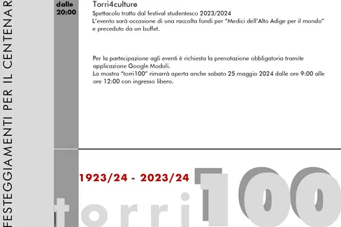 Venerdì 24 maggio il Liceo Torricelli” di Bolzano festeggia il centenario tra visite guidate alla mostra “Torri100” e spettacolo serale con raccolta fondi per “Medici dell’Alto Adige per il mondo” (Foto: ASP)