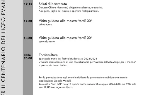 Venerdì 24 maggio il Liceo Torricelli” di Bolzano festeggia il centenario tra visite guidate alla mostra “Torri100” e spettacolo serale con raccolta fondi per “Medici dell’Alto Adige per il mondo” (Foto: ASP)
