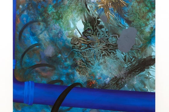 Ein aktuelles Werk der Künstlerin Sophia Mairer mit dem Titel the bowels of the earth aus dem Jahr 2022, Pigmentiertes Bindemittel, Öl auf Leinwand, 200 x 175 cm (Foto: Kunstraum Schwaz, Verena Nagl, 2023)