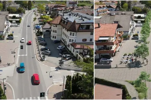 Tra le opere previste nell'aggiornamento del programma delle infrastrutture c'è la circonvallazione di Rablà, nell’ambito dell’alleggerimento del traffico nei centri abitati. Nella foto: le differenze tra la situazione attuale (a sinistra) e quella progettata (a destra) nel centro abitato di Rablà. (Foto: USP/Ripartizione Infrastrutture)