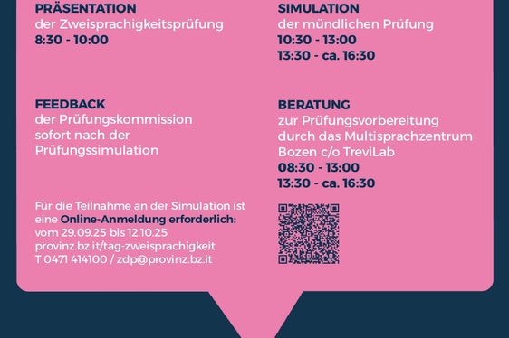 L'evento inizia alle 8.30 con informazioni sull'esame, l'iscrizione, la procedura e il riconoscimento di certificati e diplomi di lingua. Segue una simulazione della parte orale dell'esame. (Fonte: Ufficio Servizio esami di bi- e trilinguismo)
