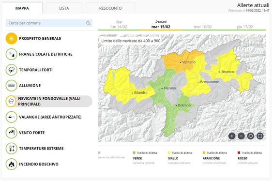 Le zone dove l'allerta è maggiore in vista delle precipitazioni delle prossime ore. (Fonte: Bollettino d'allerta emesso dal Centro funzionale provinciale dell'Agenzia per la Protezione civile)