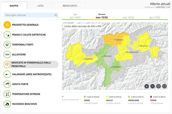 Le zone dove l'allerta è maggiore in vista delle precipitazioni delle prossime ore. (Fonte: Bollettino d'allerta emesso dal Centro funzionale provinciale dell'Agenzia per la Protezione civile)