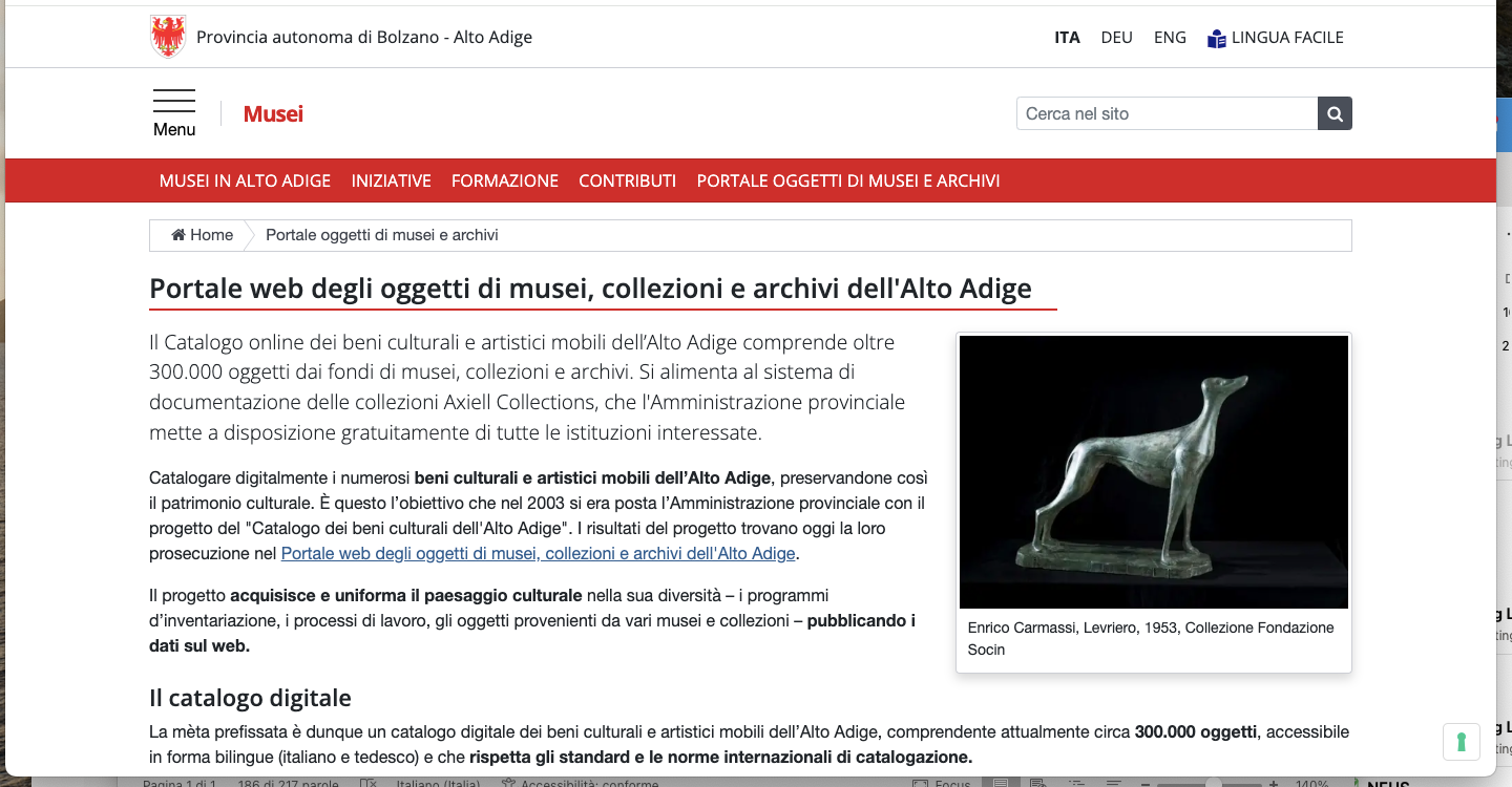 Gli oggetti dei musei, delle collezioni e degli archivi altoatesini possono essere visualizzati su un sito web di nuova concezione. (Screenshot: Ufficio Musei e ricerca museale)