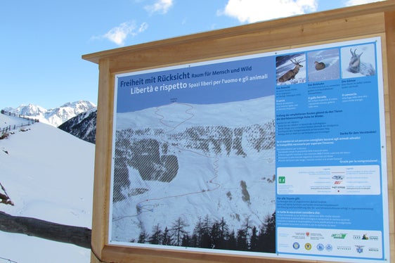 In alcune aree del territorio altoatesino sono apposti tabelloni informativi e indicazioni segnaletiche per indicare agli escursionisti quali tracciati seguire per rispettare gli animali nei loro habitat invernali. (Foto: ASP/Klaus Bliem AVS)