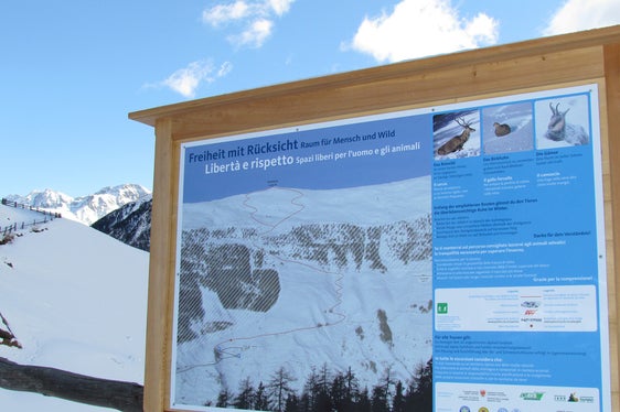 Zentrale Elemente der Kampagne Freiheit mit Rücksicht sind Tafeln in stark frequentierten Skitourengebieten: Sie weisen empfohlene Aufstiegsrouten und Abfahrtsbereiche aus. Im Bild die Informationstafel am Hochjoch im Schnalstal. (Foto: LPA/Klaus Bliem AVS)