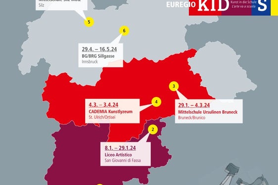 Nella cartina dell'Euregio, i luoghi nei quali si terrà la mostra e le relative date di apertura. (Foto: Euregio)
