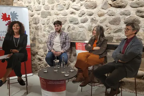 Da sinistra Sabina Frei, moderatrice, Justin Mine, del Consiglio dei cittadini dell‘Euregio, Jutta Telser, del Consiglio dei cittadini del Comune di Merano, e Stefan Frötscher, assessore del Comune di Merano (Foto: Euregio/Armin Gluderer)