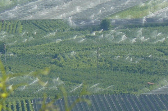 Un'immagine del sistema di irrigazione di grandi superfici in Alto Adige (Foto: ASP/Ufficio Gestione sostenibile delle risorse idriche)