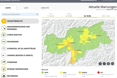 Nella zona di Bolzano, nella Valle dell'Adige e nella Bassa Atesina per l'ultima giornata della settimana, domenica 10 agosto, sono previste temperature superiori ai 37 gradi. Il caldo persisterà anche nel corso della prossima settimana. (Grafico: Centro Funzionale provinciale)