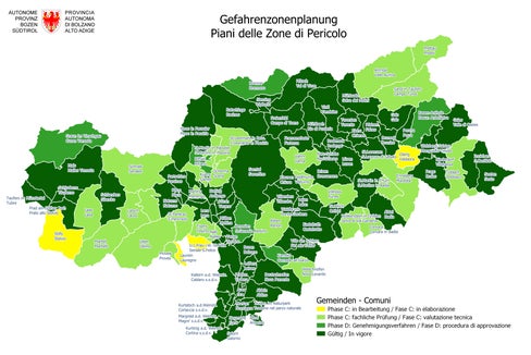 Die Grafik zeigt den aktuellen Stand (9.11.2022) der Ausarbeitung des Gefahrenzonenplans in den Gemeinden Südtirols: 79 Gemeinden verfügen über einen gültigen Gefahrenzonenplan. (Foto: LPA)