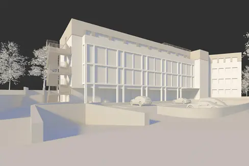 Il modello dell'edificio del Distretto socio-sanitario Merano e Circondario sopraelevato di un piano, visto da via Roma 3 a Merano. (Foto: ASP/Ripartizione edilizia)