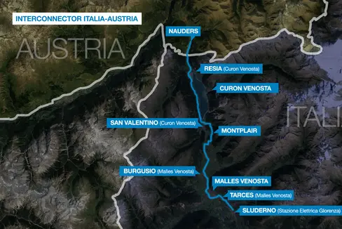 Nella cartina, il tracciato dell'elettrodotto tra le stazioni elettriche di Glorenza e Nauders. (Foto: Terna)