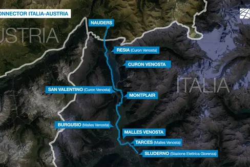 Nella cartina, il tracciato dell'elettrodotto tra le stazioni elettriche di Glorenza e Nauders. (Foto: Terna)