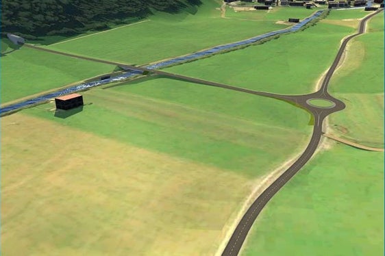 Un nuovo canale scolmatore a est di San Candido deve deviare l’acqua dal Rio Sesto nella Drava. Nella immagine si può vedere l’opera di restituzione che reimette l’acqua nella Drava, con il nuovo svincolo stradale per il traffico diretto a Sesto (Rendering: Ufficio sistemazione bacini montani Est dell'Agenzia per la Protezione civile)