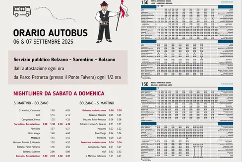 Nei due giorni della festa, i mezzi che collegano Bolzano a Sarentino saranno più frequenti del solito, con partenze alternate tra la stazione degli autobus di Bolzano e il Parco Petrarca nei pressi di Ponte Talvera. Inoltre, è previsto un servizio nightliner la notte tra sabato e domenica. (Foto: USP/Dipartimento Infrastrutture e Mobilità)