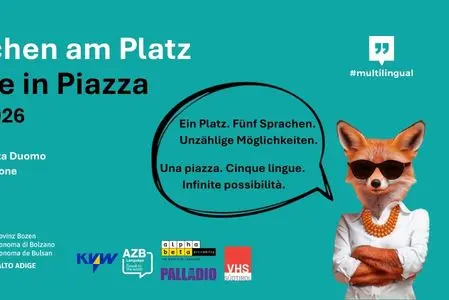Am 12. September findet im Rahmen der Sensibilisierungskampagne #multilingual die Veranstaltung Sprachen am Platz in Brixen statt. Dabei können Interessierte in Kontakt mit 5 Sprachen kommen. (Grafik: Amt für Weiterbildung und Sprachen)
