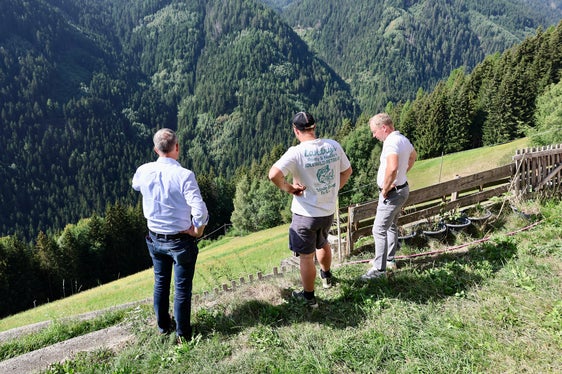 Gute Aussichten: Landwirtschaftslandesrat Luis Walcher (links) hat mit Brimi-Obmann Klaus Faller (rechts) den Hof besichtigt, den der 26-jährige Benjamin Lamprecht (Mitte) bewirtschaftet. (Foto: LPA/Ressort Landwirtschaft, Forstwirtschaft und Tourismus/Sabine Pitscheider)