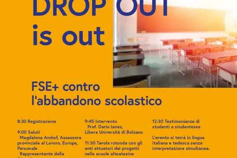 Venerdì 31 maggio si terrà nel cortile interno di Palazzo Widmann a Bolzano l’evento “Drop out is out” dedicato agli interventi contro la dispersione scolastica individuati all’interno del Programma FSE+ 2021-2027 (Foto: ASP/Ripartizione Europa)
