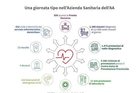 Una giornata normale nel sistema sanitario altoatesino: l'analisi di una giornata lavorativa media nel settore sanitario altoatesino nel 2024 mostra l'intensità e la completezza dell'assistenza sanitaria sul territorio provinciale. (Grafica: USP/Dipartimento Prevenzione sanitaria e Salute)