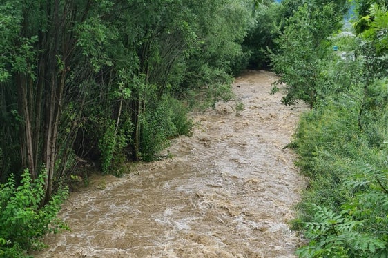 Der Schlandraunbach in der Gemeinde Schlanders führt nach den Starkregenfällen Hochwasser. (Foto: LPA/Landesamt für Wildbach- und Lawinenverbauung West/Hansjörg Stricker)