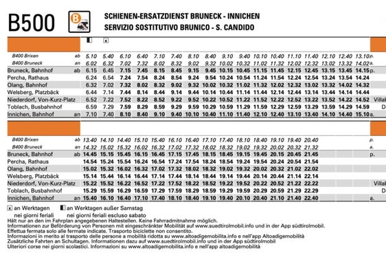 Gli orari dell'autobus sostitutivo Brunico-San Candido. (Fonte: USP/STA)