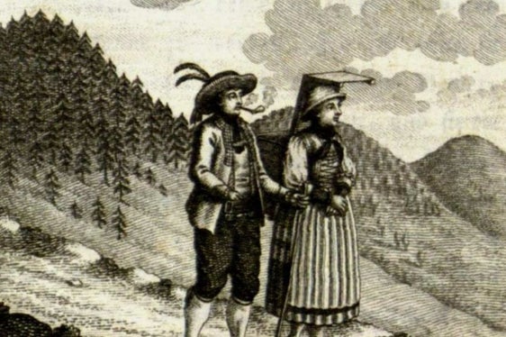 Una coppia in costume tirolese, illustrazione tratta da Uiber die Tiroler, trattato sulla popolazione tirolese dell’anno 1796 di Joseph Rohrer. (Foto: Euregio)