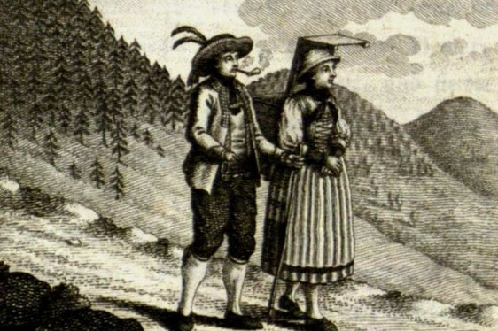 Ein Paar in Tiroler Tracht, Illustration aus Uiber die Tiroler, einer Abhandlung über die Tiroler Bevölkerung aus dem Jahr 1796 von Joseph Rohrer. (Foto: Euregio)