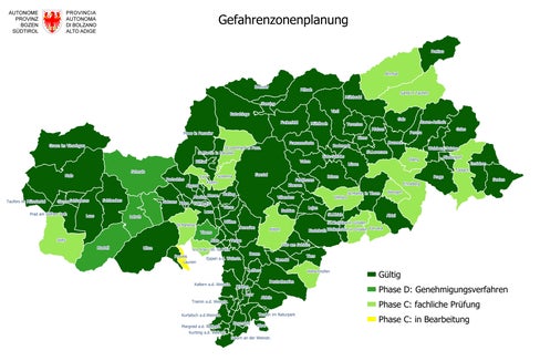 Aktuell verfügen 93 von insgesamt 116 Südtiroler Gemeinden - das sind 80 Prozent der Gemeinden - über einen gültigen Gefahrenzonenplan. Die übrigen 23 Gemeinden befinden sich in der Bearbeitungs-, Prüfungs- oder Genehmigungsphase. (Quelle: Landesamt für Gemeindeplanung)